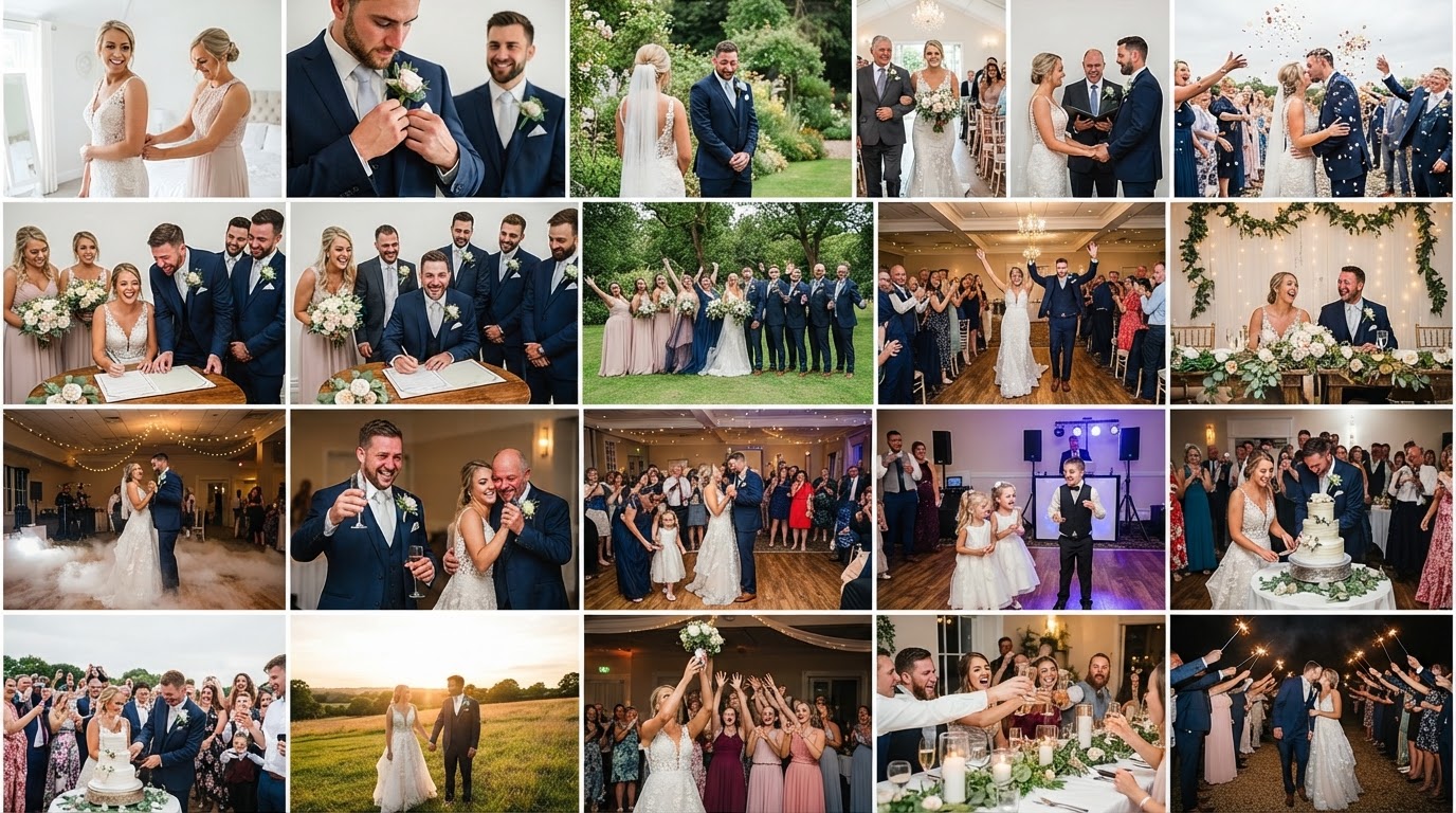Kolaž fotografija sa venčanja — gosti dele uspomene preko TableMaestro QR koda